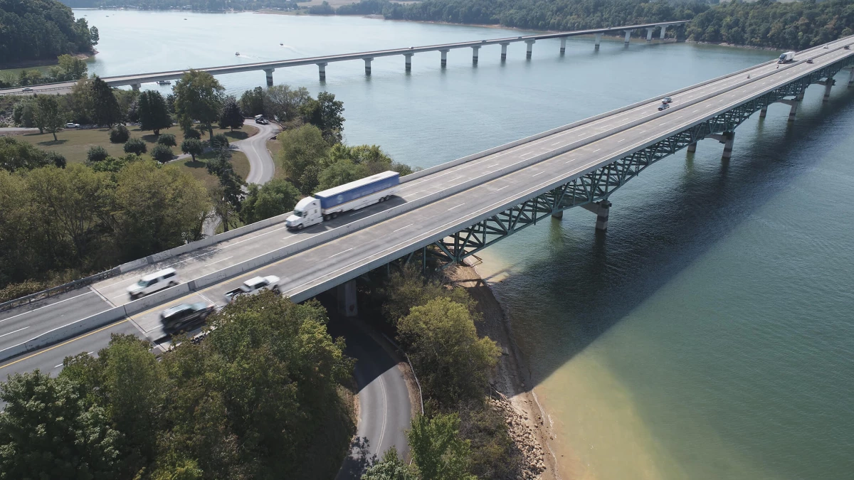 Aerial View of I-40 Bridge with Vehicles in Motion